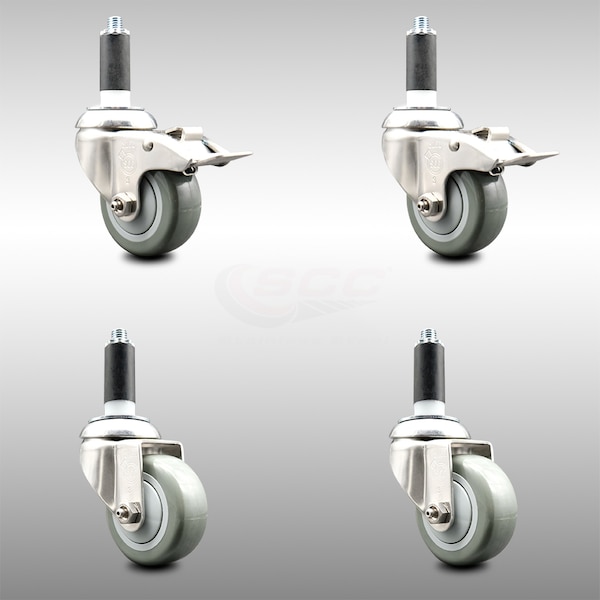 Service Caster 3.5 Inch 316SS Gray Polyurethane Swivel 1 Inch Stem Caster Lock Brake, 2PK SCC-SS316TTLEX20S3514-PPUB-2-S-2-1 - main